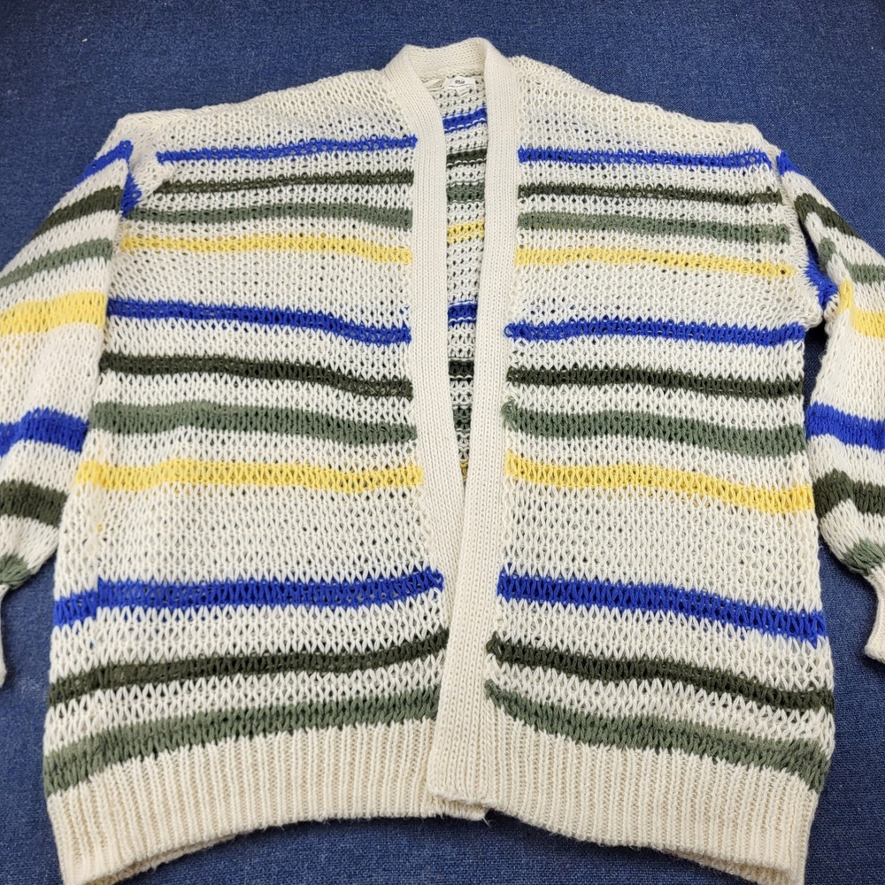 Aerie Striped Open Knit Cardigan Sweater Cream Blue Green Yellow Large